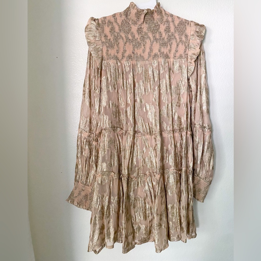 Elan Metallic Smocked Mock Neck Mini Dress